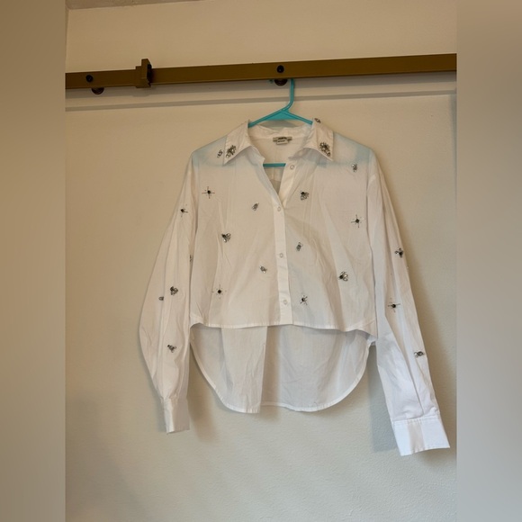 NWT Jason Wu White Button-Up Crop Shirt with Jewel Bead Details - Picture 2 of 11
